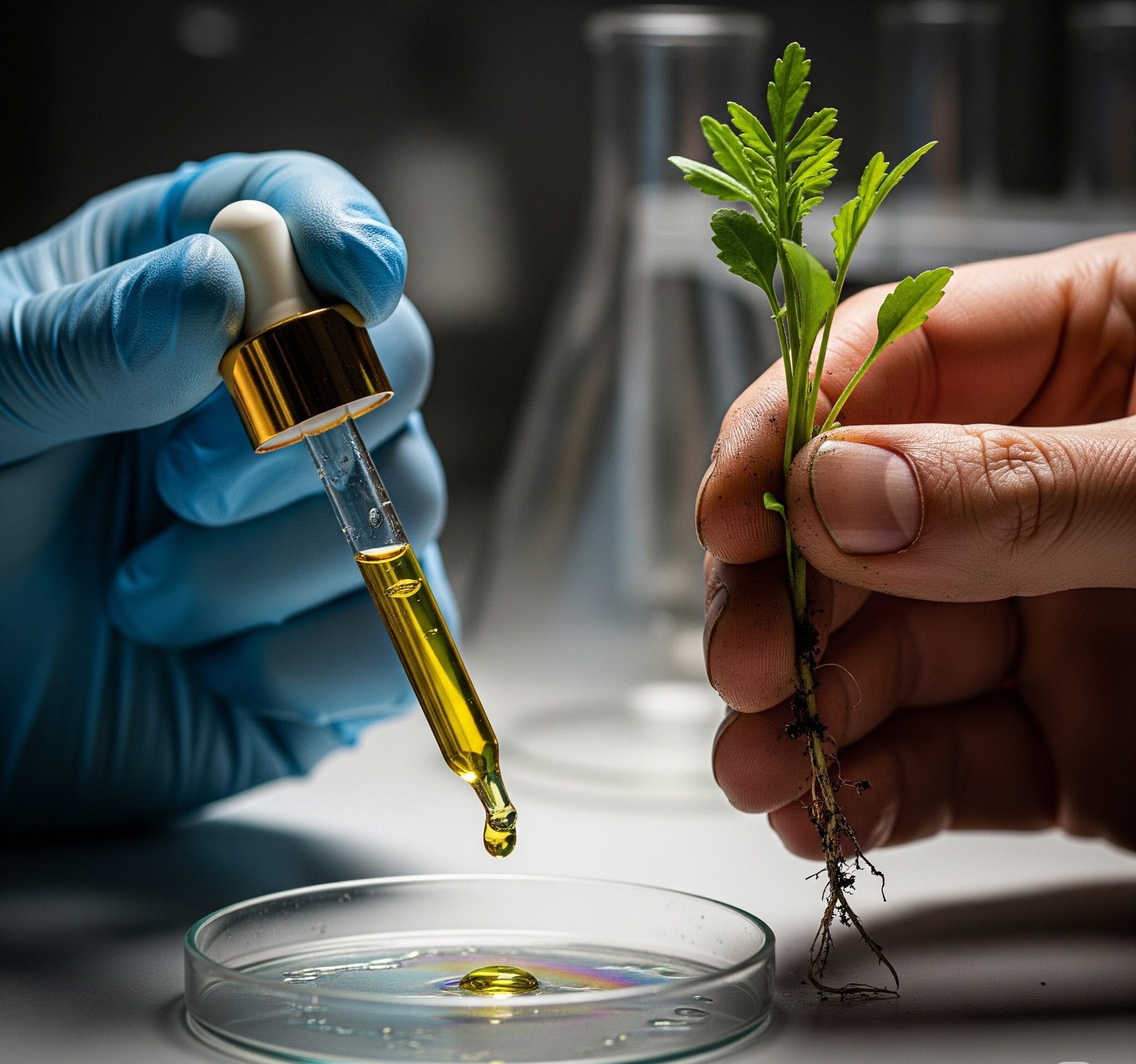 Frasco de óleo de CBD em destaque com folha de cannabis desfocada ao fundo