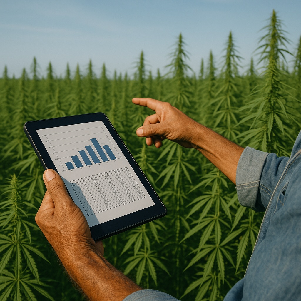 Pessoa analisando um estudo de viabilidade em um tablet em um campo de cânhamo industrial